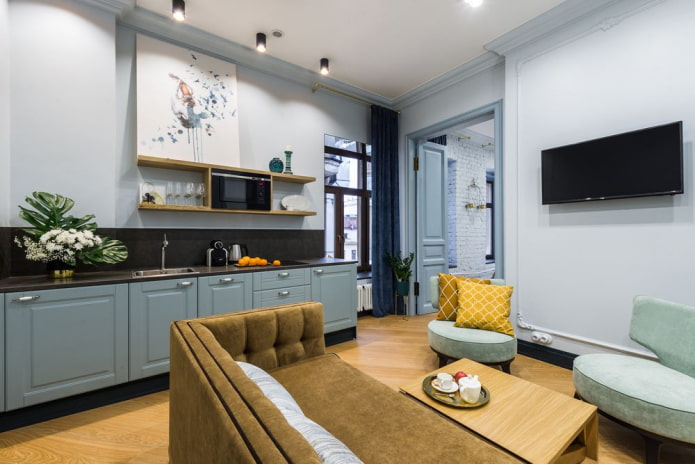 arranjo de uma cozinha-sala de estar de 16 metros quadrados
