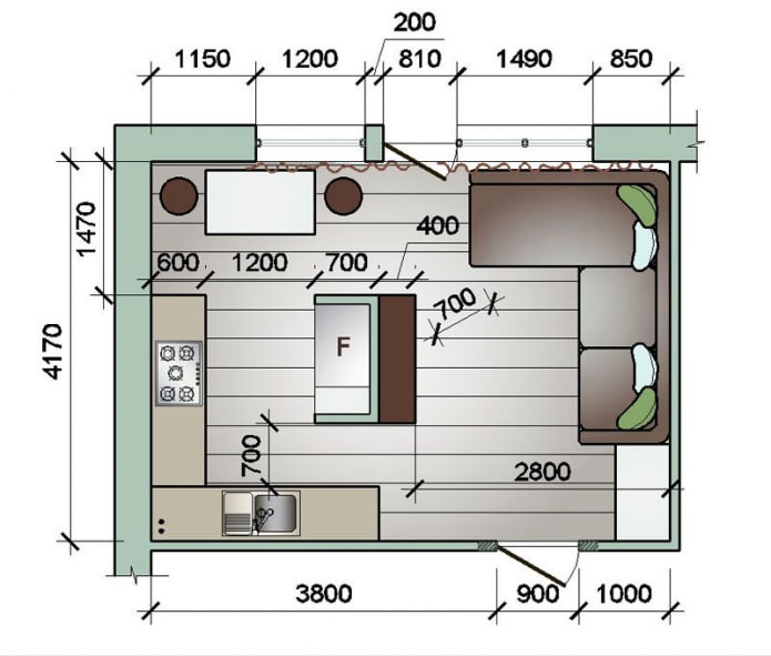 cozinha e sala de estar retangulares 16 quadrados