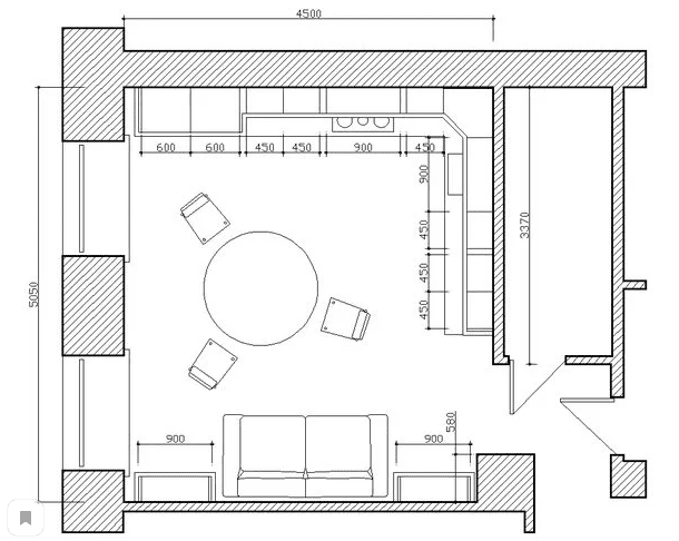 cozinha quadrada - sala de estar de 16 m²