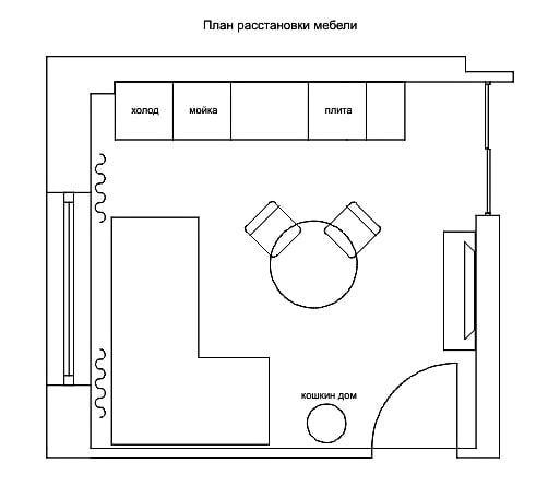 cozinha e sala de estar quadradas de 16 m²