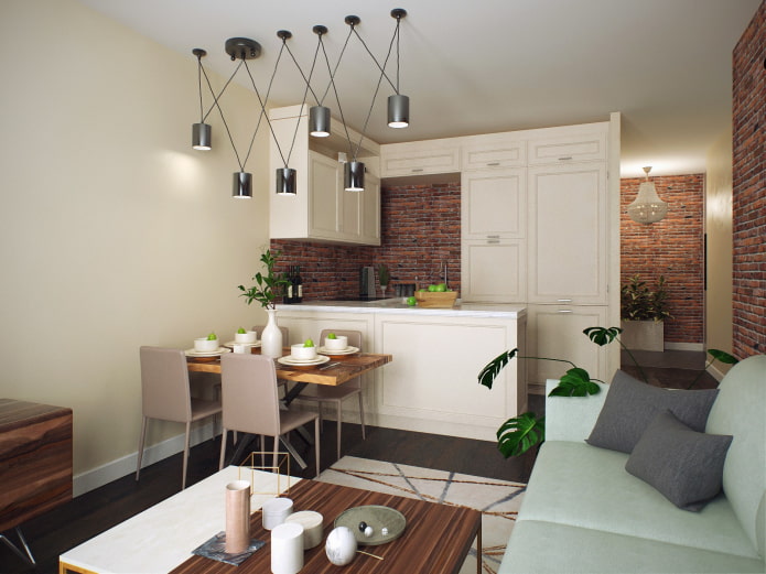 design de interiores de uma cozinha-sala de estar de 16 metros quadrados
