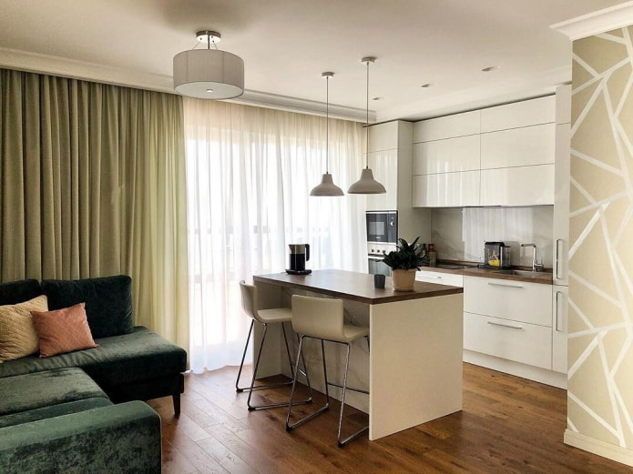 zoneamento de uma cozinha-sala de estar de 16 metros quadrados
