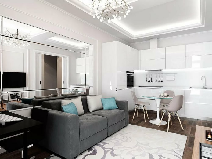 design de interiores de cozinha-sala de estar de 16 metros quadrados