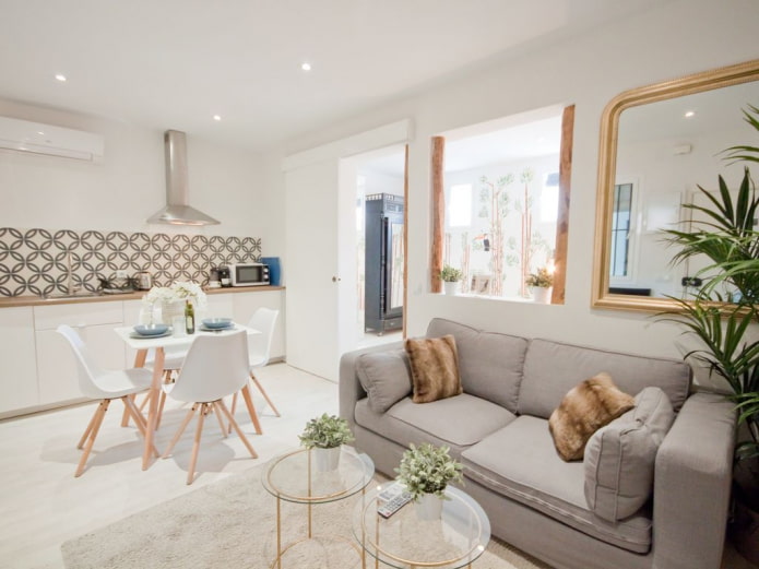 design de interiores de uma cozinha-sala de estar de 16 metros quadrados