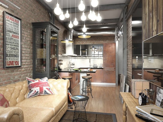 design de interiores de uma cozinha-sala de estar de 16 metros quadrados