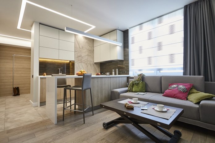 cozinha-sala de estar com conjunto em formato de U