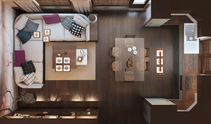 layout de uma cozinha-sala retangular de 25 metros quadrados