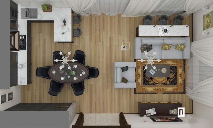 layout de uma cozinha-sala retangular de 25 metros quadrados