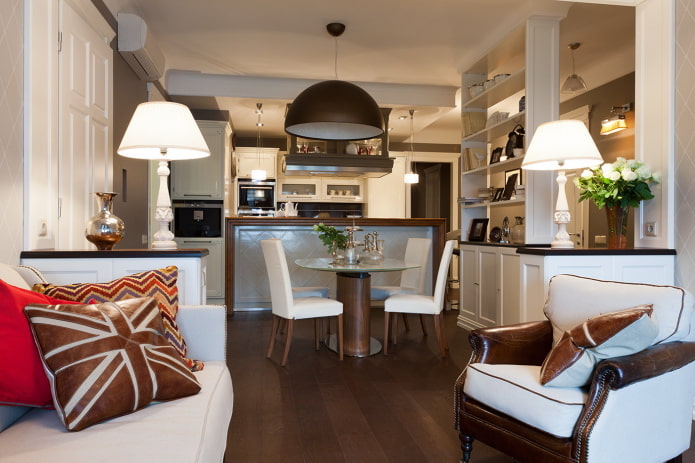 Layout de uma cozinha-sala retangular de 25 metros quadrados