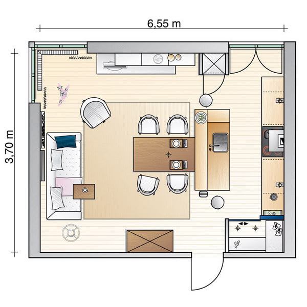 Planta quadrada da cozinha-sala de estar