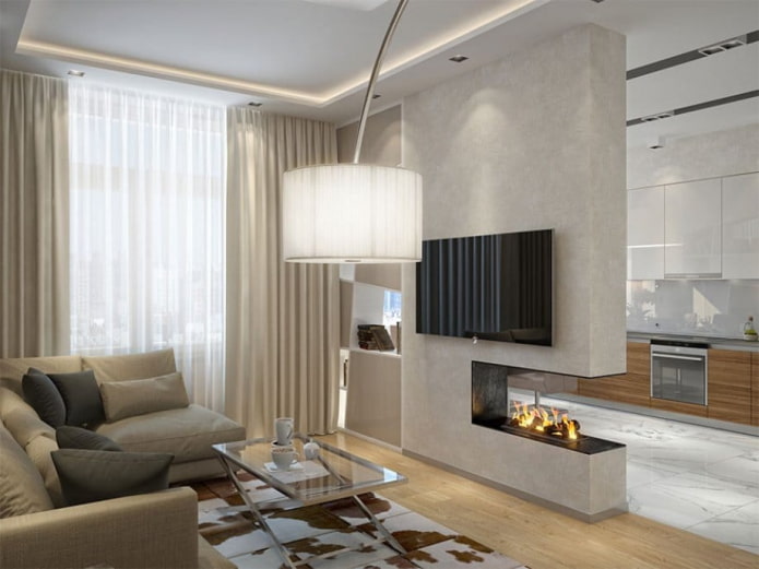 design de interiores de cozinha e sala de estar