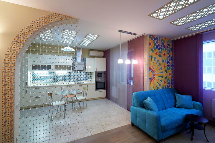 design de interiores de cozinha e sala de estar