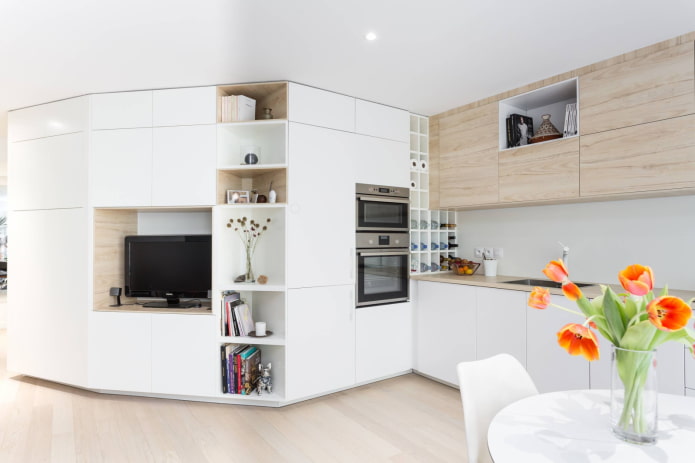 Cozinha-sala de estar com formato irregular