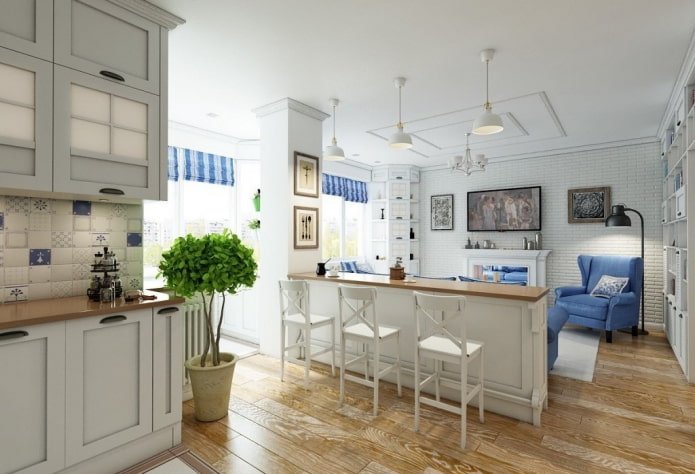 zoneamento da cozinha-sala de estar no estilo provençal