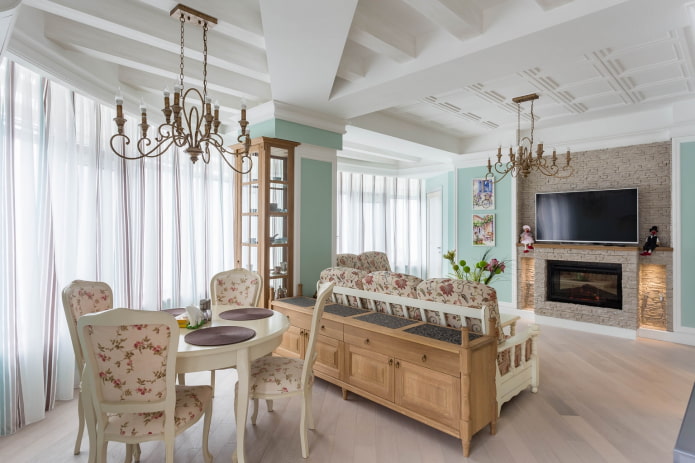 zoneamento da cozinha-sala de estar no estilo provençal