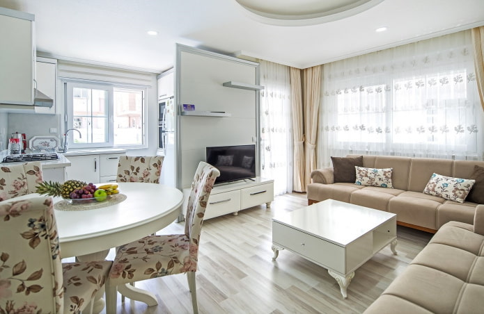 design de uma pequena cozinha-sala de estar no estilo provençal