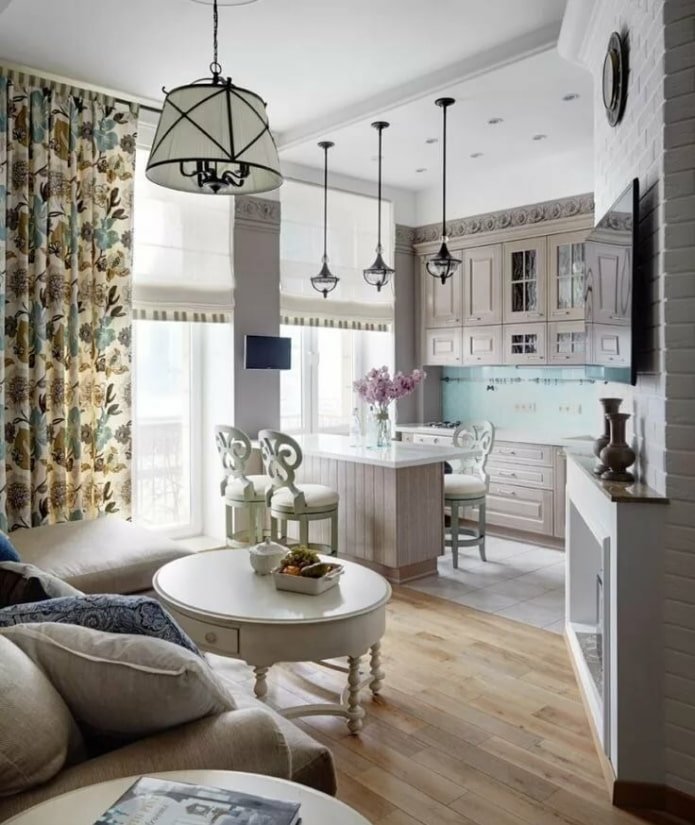 design de interiores de cozinha e sala de estar em estilo provençal