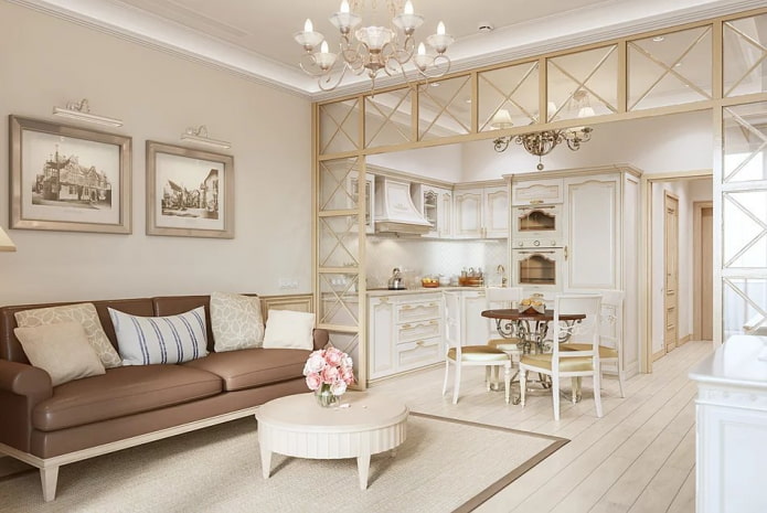 zoneamento da cozinha-sala de estar no estilo provençal