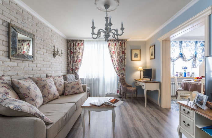 design de interiores de uma cozinha-sala de estar em estilo provençal