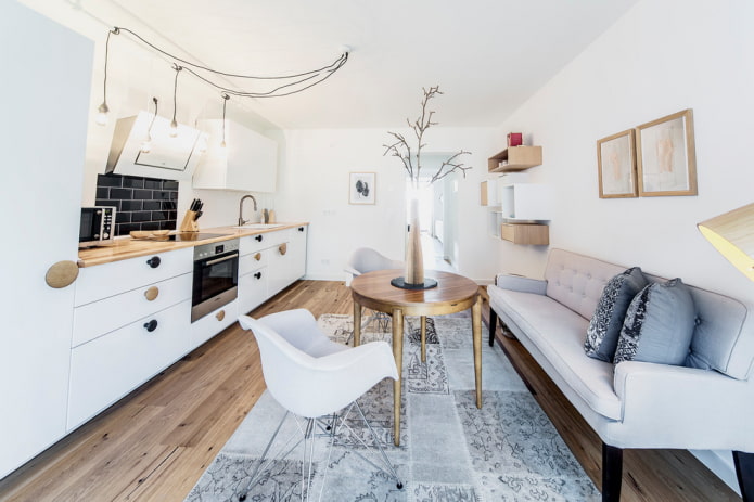 sofá no interior da cozinha em estilo escandinavo