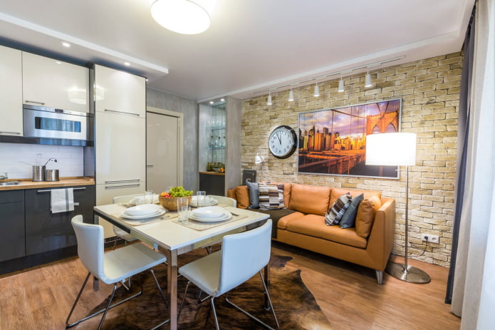 sofá no interior da cozinha em estilo loft