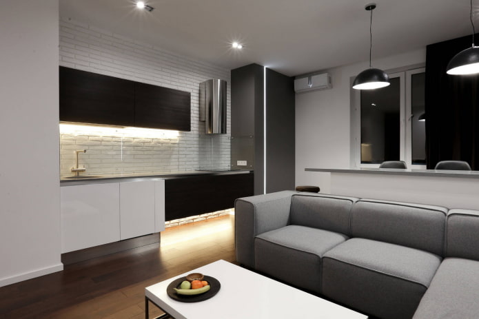 sofá no interior da cozinha em estilo minimalista