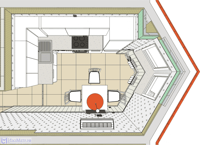 layout de cozinha com janela saliente triangular