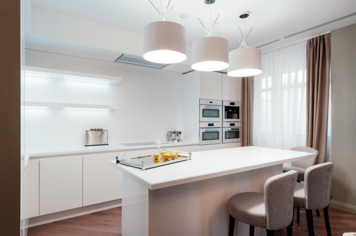 iluminação acima da ilha no interior da cozinha