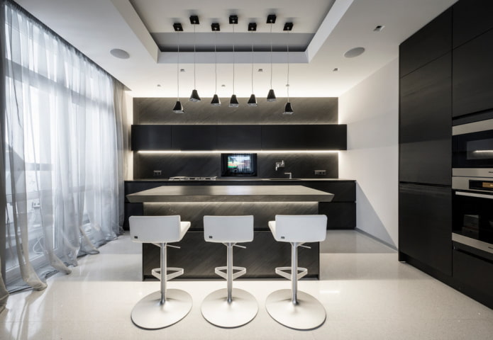 ilha no interior da cozinha em estilo high-tech