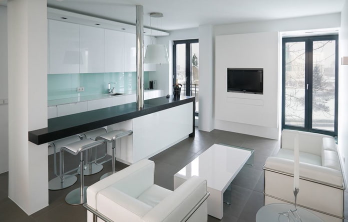 Design de interiores de uma cozinha-estúdio em estilo minimalista