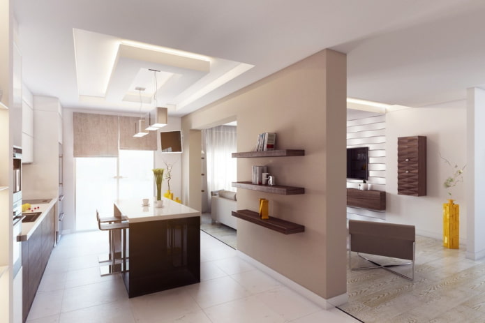 interior de uma cozinha-estúdio com divisória