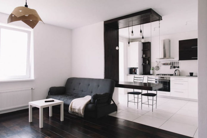 interior de uma cozinha-estúdio com acabamento decorativo