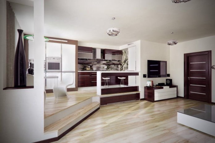 interior de uma cozinha-estúdio com piso de pódio
