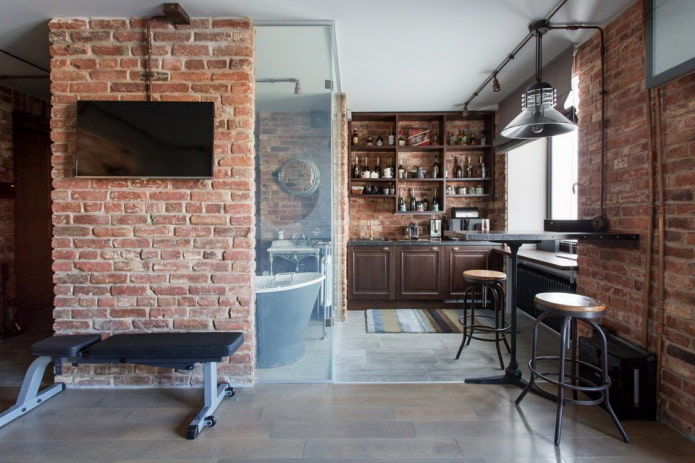 Design de interiores de uma cozinha-estúdio em estilo loft
