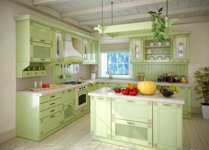 Estilo provençal no interior de uma cozinha verde