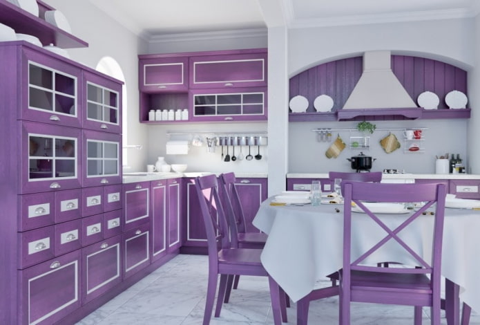 Estilo provençal no interior de uma cozinha lilás