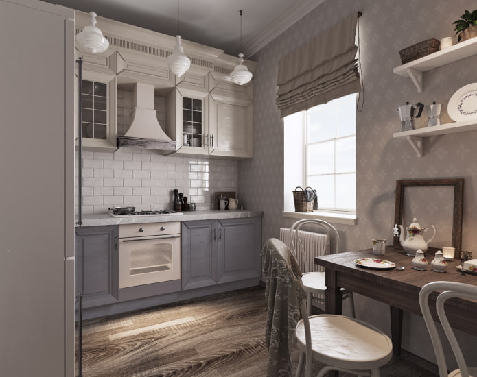 Estilo provençal no interior de uma cozinha cinza