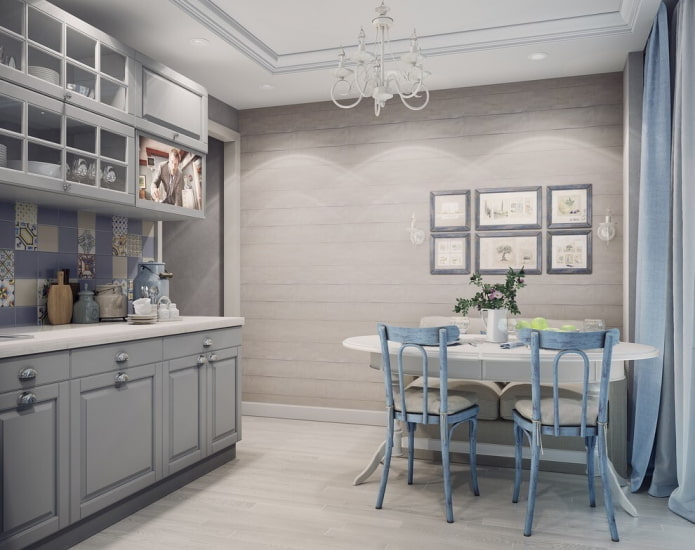 Estilo provençal no interior de uma cozinha cinza
