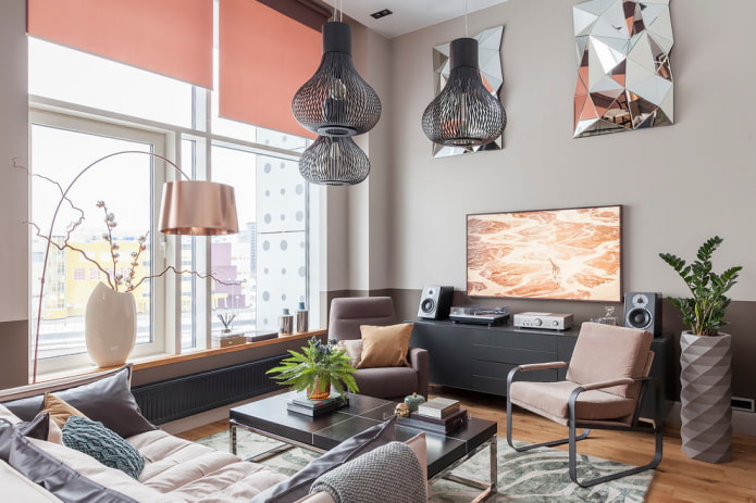 design de sala de estar no interior de um apartamento de 70 metros quadrados