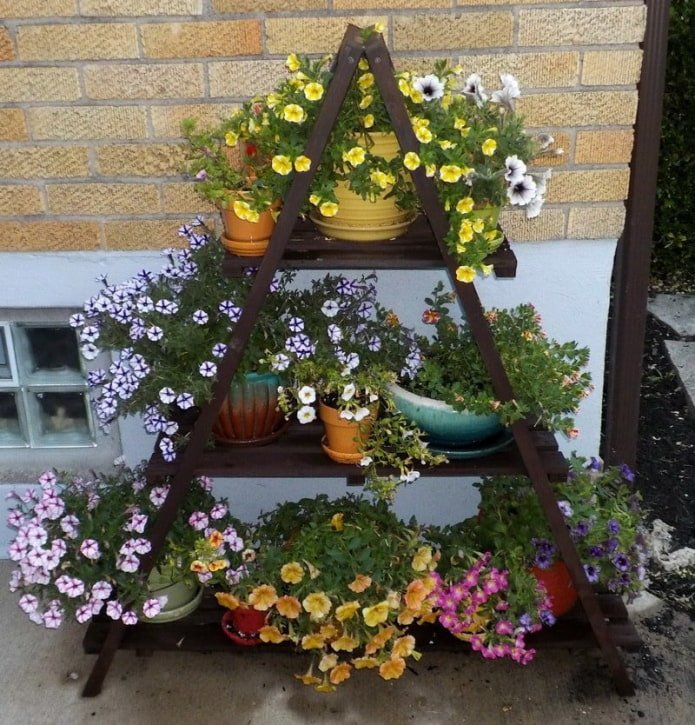 Suporte com vasos de flores na dacha