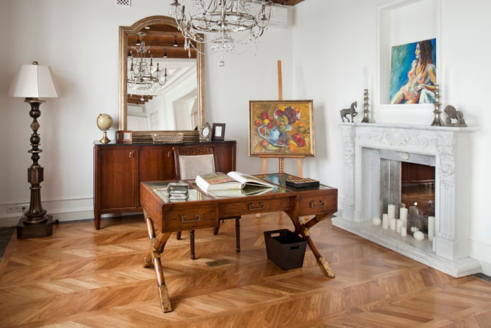 linóleo sob o parquet no interior do escritório
