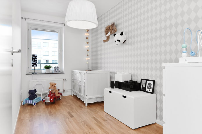 Linóleo no piso no interior em estilo escandinavo