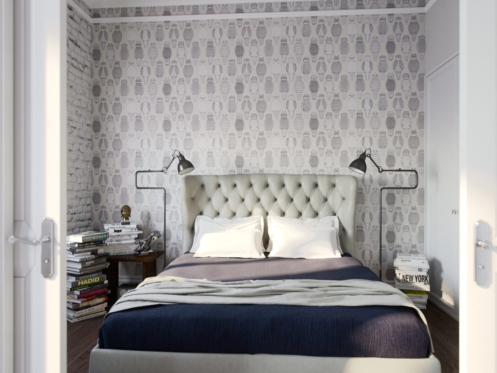 design de quarto com papel de parede cinza