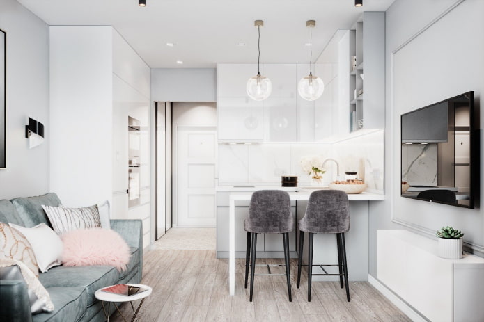 design de uma pequena cozinha-sala de estar