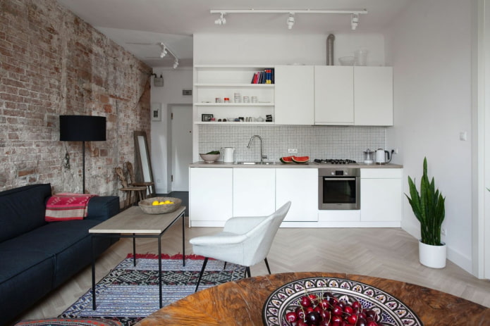 design de uma cozinha-sala de estar pequena