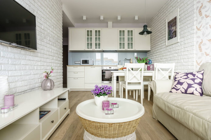 design de uma cozinha-sala de estar pequena