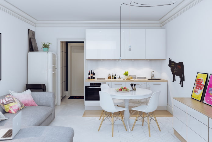design de cozinha pequena e sala de estar