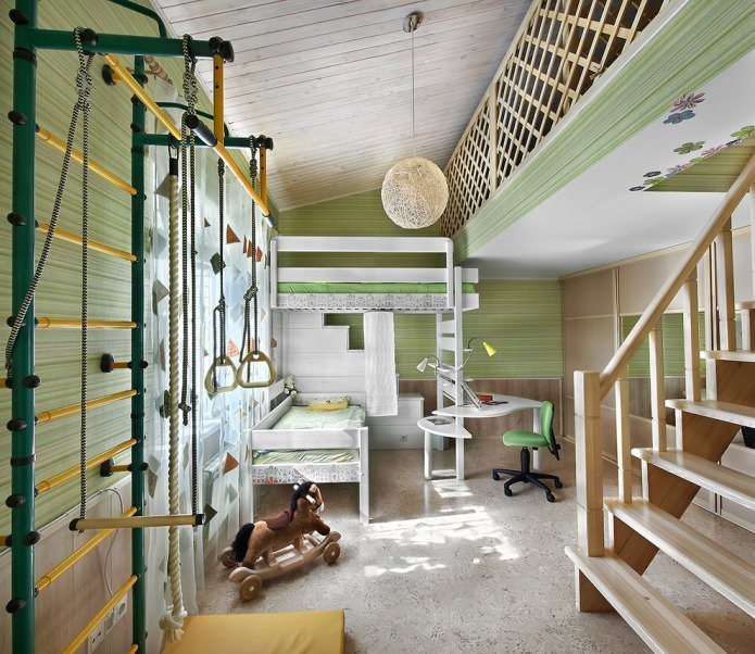 quarto infantil sótão em tons de verde