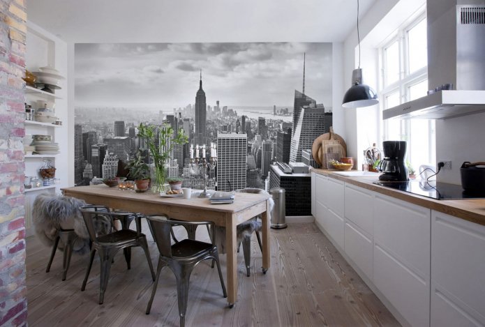 cozinha moderna com papel de parede fotográfico