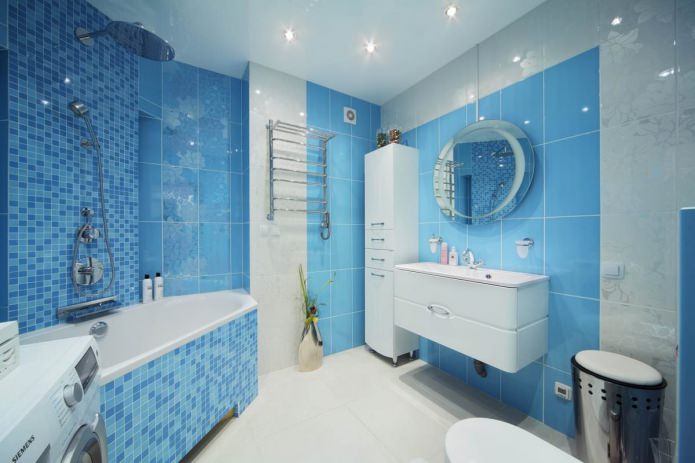 Interior do banheiro branco e azul
